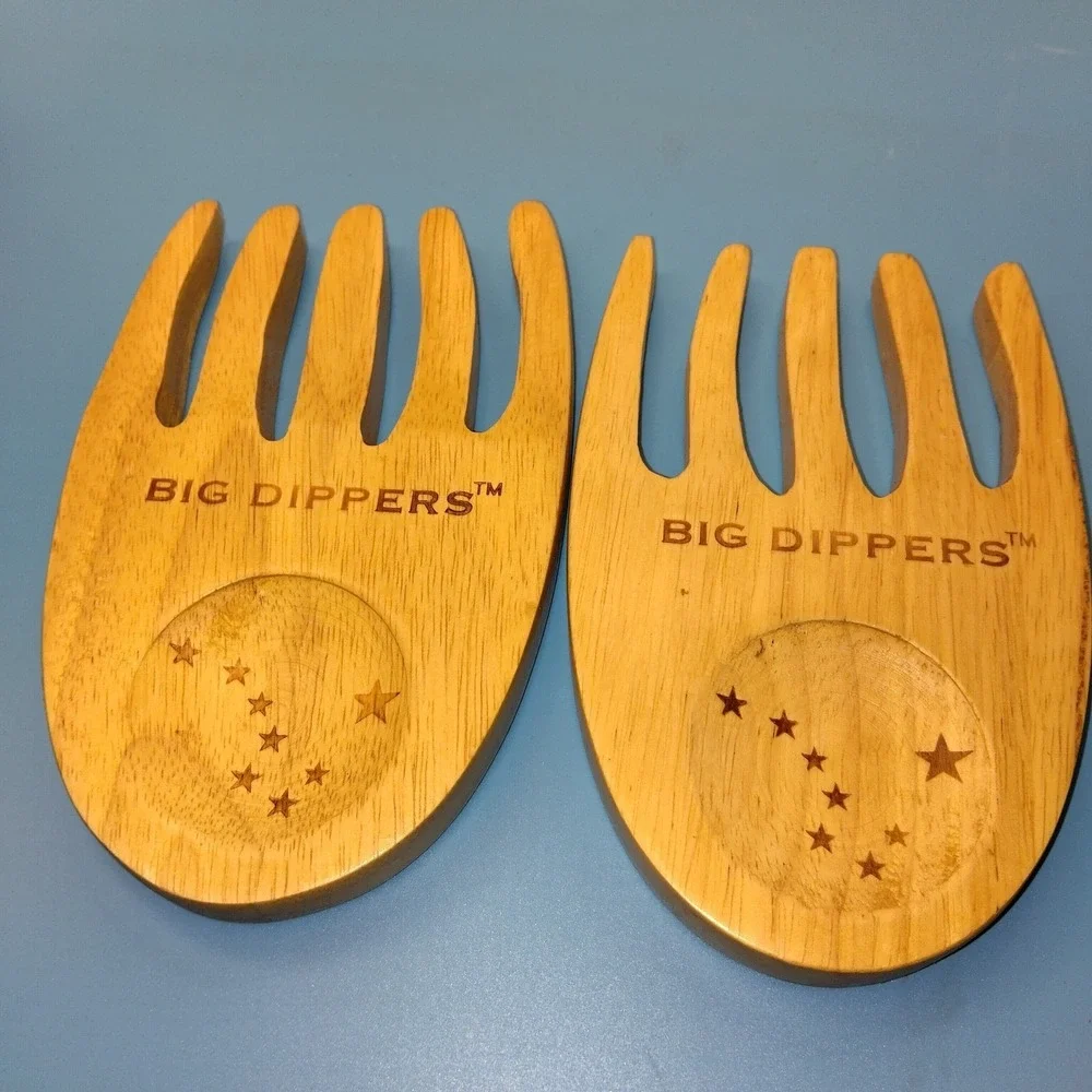 Big Dippers Wooden Salad Hands Servers Constellation Engraved Set of 2 Brown